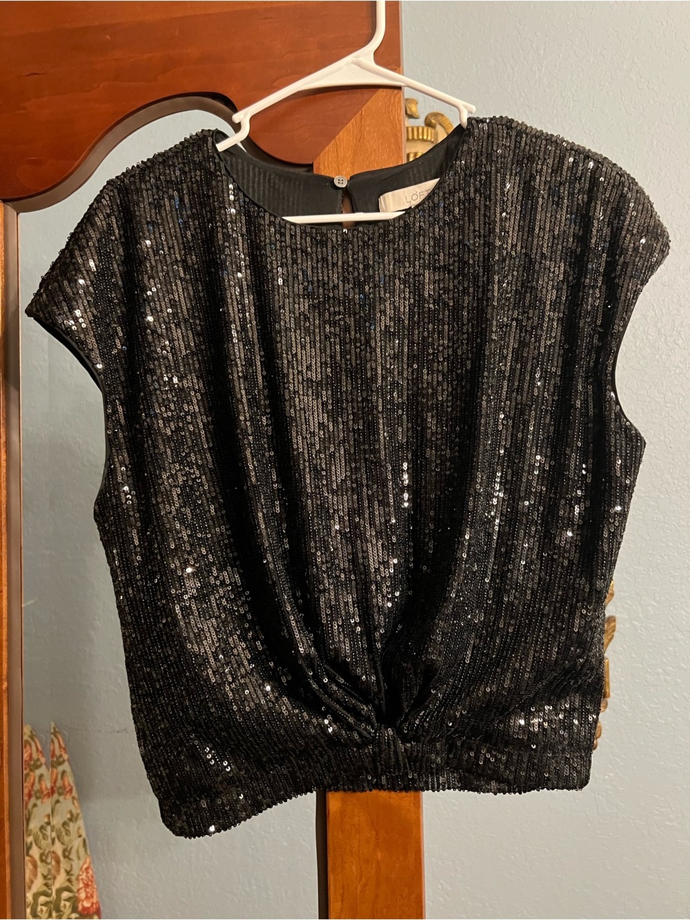 LOFT Black Sequin Twist-Hem Crop Top